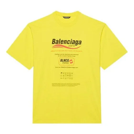 Balenciaga para hombre, lavado en seco, corte cuadrado, estampado de logotipo, holgada, manga corta, amarilla 651795TKVF87175