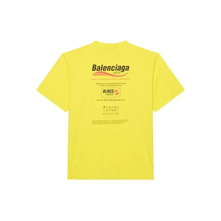 Balenciaga para hombre, lavado en seco, corte cuadrado, estampado de logotipo, holgada, manga corta, amarilla 651795TKVF87175