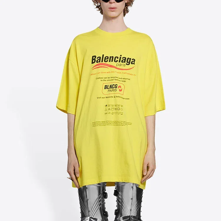 Balenciaga para hombre, lavado en seco, corte cuadrado, estampado de logotipo, holgada, manga corta, amarilla 651795TKVF87175