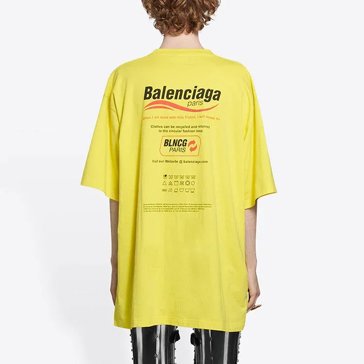 Balenciaga para hombre, lavado en seco, corte cuadrado, estampado de logotipo, holgada, manga corta, amarilla 651795TKVF87175