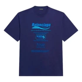 Balenciaga para hombre, temporada otoño-invierno 2021, camiseta de manga corta de punto retro con estampado de letras, azul marino, 651795TKVF83866