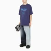 Balenciaga para hombre, temporada otoño-invierno 2021, camiseta de manga corta de punto retro con estampado de letras, azul marino, 651795TKVF83866