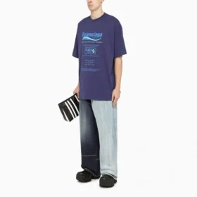 Balenciaga para hombre, temporada otoño-invierno 2021, camiseta de manga corta de punto retro con estampado de letras, azul marino, 651795TKVF83866