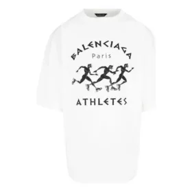 Balenciaga para hombre, temporada primavera-verano 2021, camiseta de manga corta con estampado de maratón y logotipo, color blanco, 641614TJVK69040 Balenciaga para hombre, temporada primavera-verano 2021, camiseta de manga corta con estampado de maratón y logotipo, color blanco, 641614TJVK69040