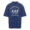 Balenciaga para hombre, temporada primavera-verano 2021, camiseta holgada de manga corta con estampado de patrón de carrera y logotipo, azul, 641614TJVK64866