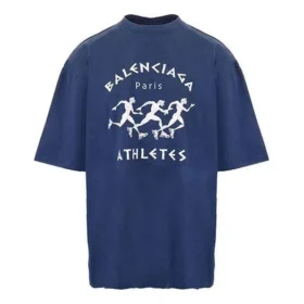 Balenciaga para hombre, temporada primavera-verano 2021, camiseta holgada de manga corta con estampado de patrón de carrera y logotipo, azul, 641614TJVK64866 Balenciaga para hombre, temporada primavera-verano 2021, camiseta holgada de manga corta con estampado de patrón de carrera y logotipo, azul, 641614TJVK64866