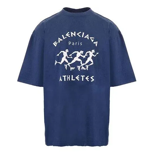 Balenciaga para hombre, temporada primavera-verano 2021, camiseta holgada de manga corta con estampado de patrón de carrera y logotipo, azul, 641614TJVK64866