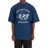 Balenciaga para hombre, temporada primavera-verano 2021, camiseta holgada de manga corta con estampado de patrón de carrera y logotipo, azul, 641614TJVK64866