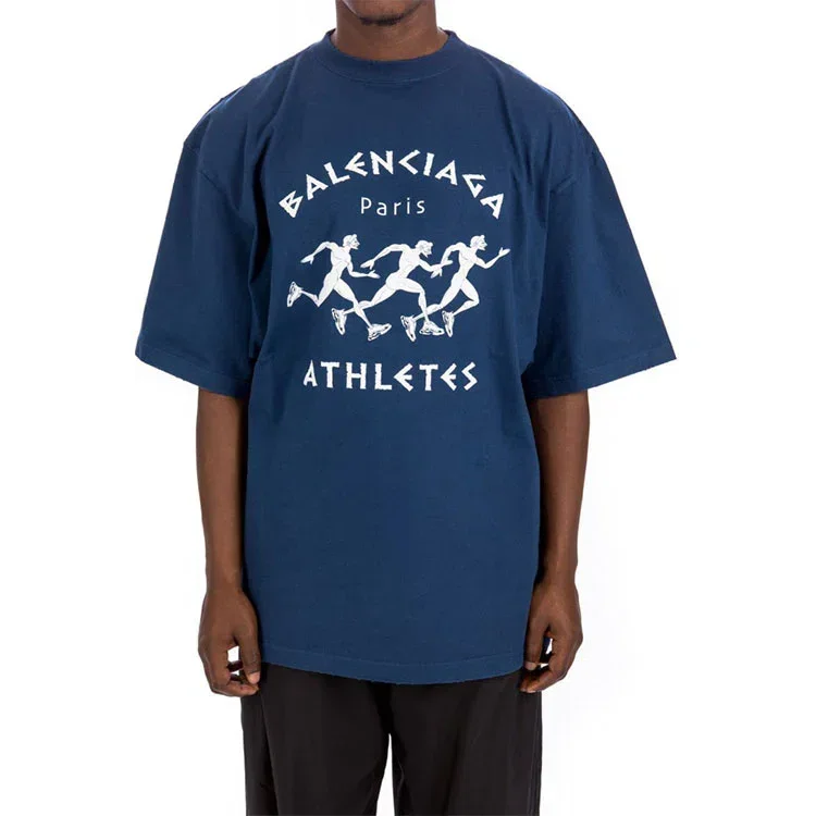 Balenciaga para hombre, temporada primavera-verano 2021, camiseta holgada de manga corta con estampado de patrón de carrera y logotipo, azul, 641614TJVK64866