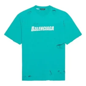 Balenciaga para hombre, temporada primavera-verano 2021, estampado de letras, cuello redondo con agujeros, manga corta, verde 651795TKVB84661 Balenciaga para hombre, temporada primavera-verano 2021, estampado de letras, cuello redondo con agujeros, manga corta, verde 651795TKVB84661