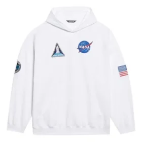Balenciaga x NASA FW21 para hombre, sudadera clásica de algodón con capucha, corte holgado y mangas largas, con logo cruzado, color blanco, 651799TKVD89040 Balenciaga x NASA FW21 para hombre, sudadera clásica de algodón con capucha, corte holgado y mangas largas, con logo cruzado, color blanco, 651799TKVD89040