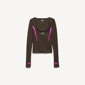 Blusa ajustada de manga larga para mujer estilo «techwear» en color marrón caqui/rosa neón