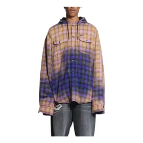 Camisa con capucha de manga larga a cuadros decolorada «Purple Beige» 699223TMM095212 Camisa con capucha de manga larga a cuadros decolorada «Purple Beige» 699223TMM095212