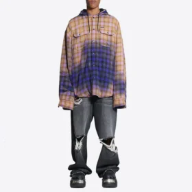 Camisa con capucha de manga larga a cuadros decolorada «Purple Beige» 699223TMM095212 Camisa con capucha de manga larga a cuadros decolorada «Purple Beige» 699223TMM095212