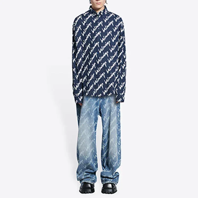 Camisa de manga corta con logotipo garabateado, corte amplio «Midnight Blue» 662983TLLJ48502