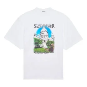 Camiseta de cuello redondo y manga corta con estampado de letras «Sacr Cur», blanca, 641532TJVH69000