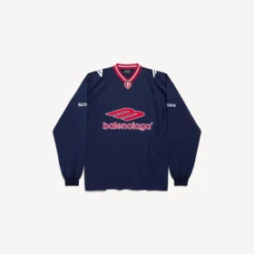 Camiseta de fútbol para hombre 3b de manga larga y cuello en V en azul marino oscuro/rojo