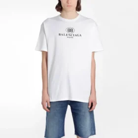 Camiseta de hombre Balenciaga con estampado del logotipo, cuello redondo y manga corta, color blanco 556150TYK239000