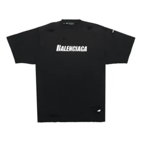 Camiseta de hombre Balenciaga Temporada Primavera-Verano 2021 con estampado de letras y agujeros, cuello redondo y manga corta, color negro 651795TKVB81070