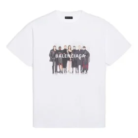 Camiseta de manga corta retro para hombre de Balenciaga con estampado del logotipo y retrato, color blanco, 612966TIV479000 Camiseta de manga corta retro para hombre de Balenciaga con estampado del logotipo y retrato, color blanco, 612966TIV479000