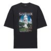 Camiseta unisex negra de manga corta con estampado retro y tejido liso, talla grande, colección SS21 641614TJVH61000