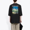 Camiseta unisex negra de manga corta con estampado retro y tejido liso, talla grande, colección SS21 641614TJVH61000