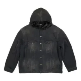 Chaqueta de Denim con capucha y botones, efecto decolorado «Negro» 724653TNW541129