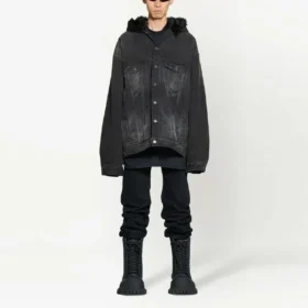 Chaqueta de Denim con capucha y botones, efecto decolorado «Negro» 724653TNW541129