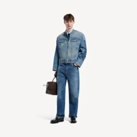 Chaqueta de motociclista de denim ajustada para hombre en azul oscuro
