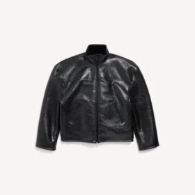 Chaqueta de piel de cordero con cremallera para hombre en negro