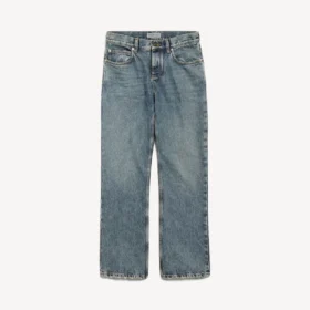 Pantalones de mezclilla de corte regular para mujer en azul vintage desgastado