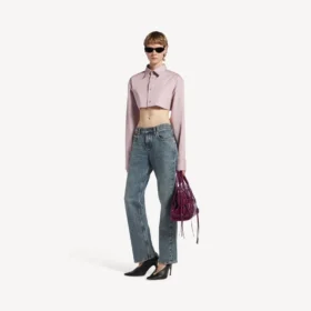 Pantalones de mezclilla de corte regular para mujer en azul vintage desgastado