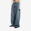 Pantalones de mezclilla holgados de tiro bajo para mujer en azul vintage desgastado Pantalones de mezclilla holgados de tiro bajo para mujer en azul vintage desgastado