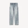 Pantalones de mezclilla para mujer con costuras retorcidas en azul claro decolorado