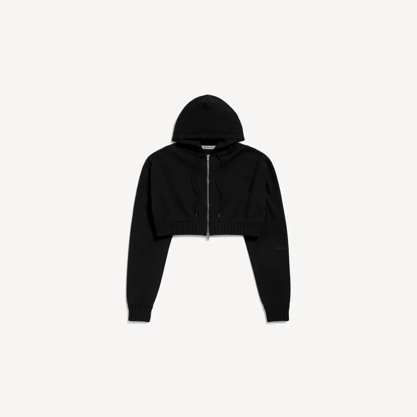 Sudadera con capucha y cremallera corta Techwear para mujer en negro Sudadera con capucha y cremallera corta Techwear para mujer en negro