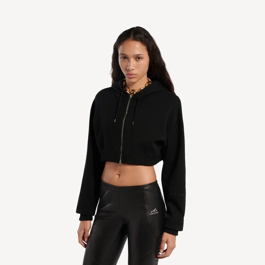 Sudadera con capucha y cremallera corta Techwear para mujer en negro Sudadera con capucha y cremallera corta Techwear para mujer en negro