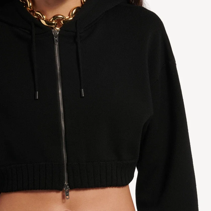 Sudadera con capucha y cremallera corta Techwear para mujer en negro Sudadera con capucha y cremallera corta Techwear para mujer en negro