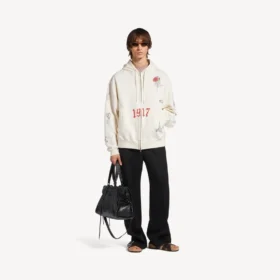 Sudadera con capucha y cremallera oversize para hombre con diseño de tatuaje en color crema Sudadera con capucha y cremallera oversize para hombre con diseño de tatuaje en color crema
